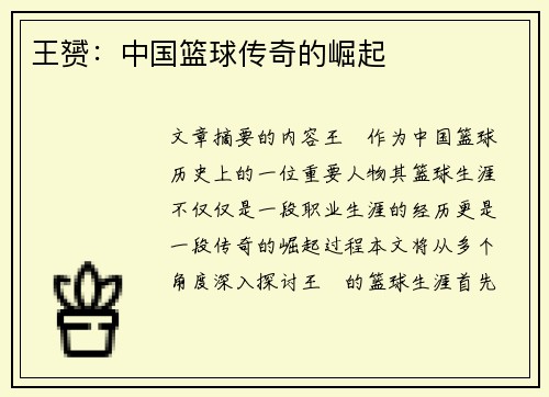王赟：中国篮球传奇的崛起